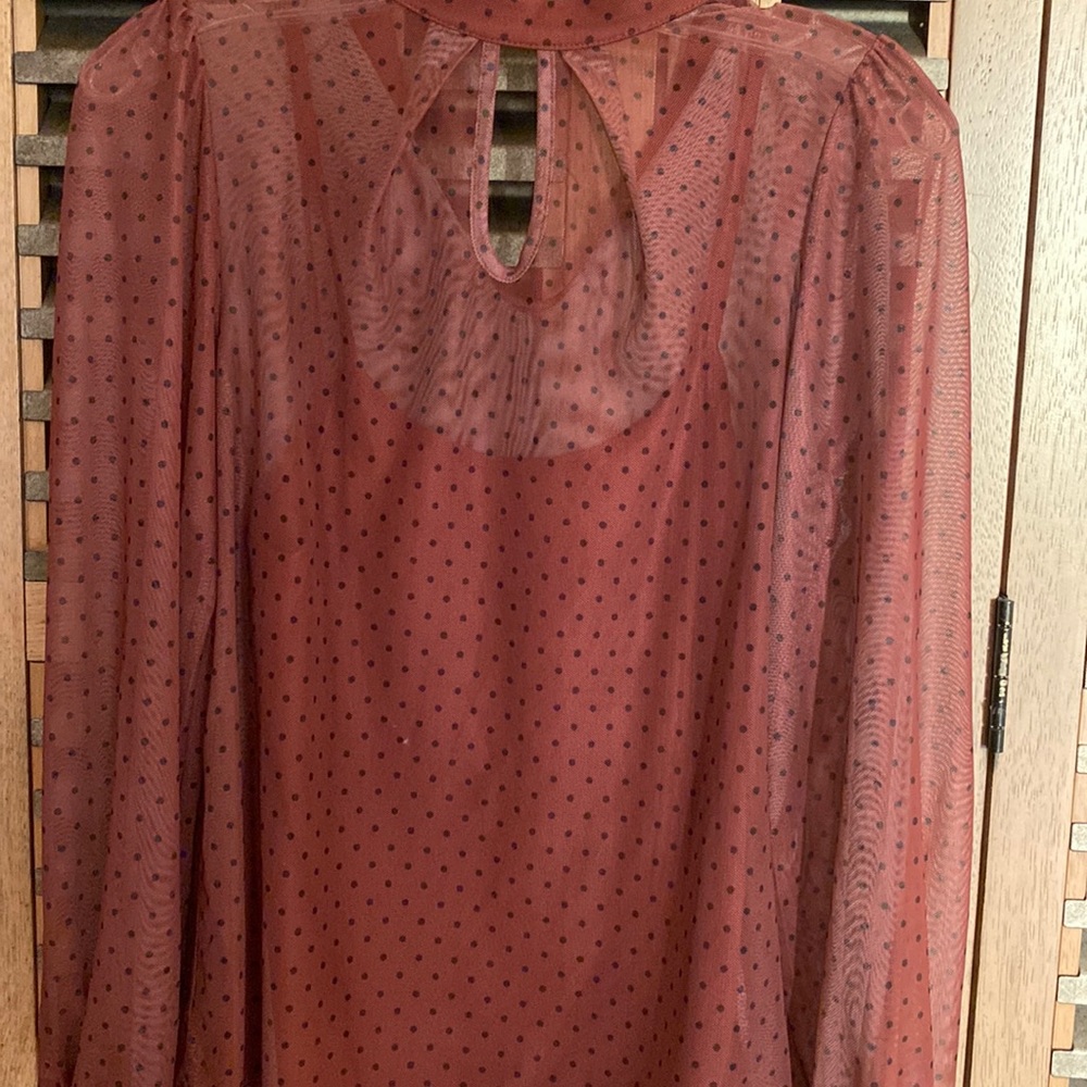 Sheer polka dot blouse with attached tank top under.  Button detail in back